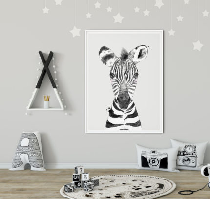 safari poster met zebra voor de kinderkamer in zwarte lijst
