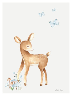 Poster voor de kinderkamer met hertje en blauwe vlindertjes