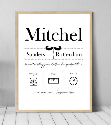 geboorte poster zwart wit in houten lijst