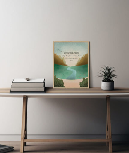christelijke poster waar komt mijn hulp vandaan in houten lijst op bureau