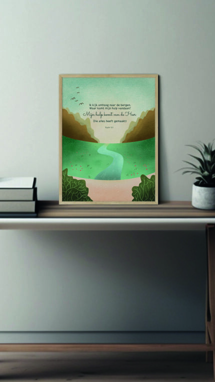 christelijke poster waar komt mijn hulp vandaan in houten lijst